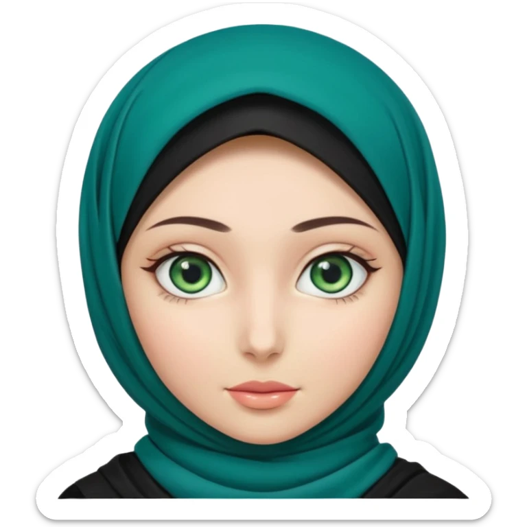 a girl wearing a black hijab and has green and blue eyes with another model of a hijab like a hijab but it's showing the neck sticker
