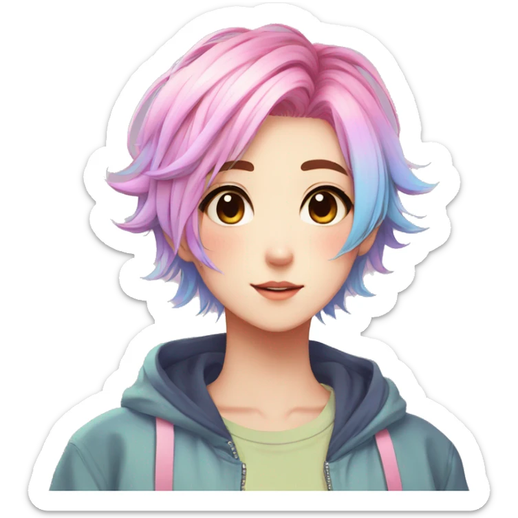 Gorgeous anime style tomboy with blushing face aesthetic and pretty colorful shiny gradient pastel hair trending style sticker