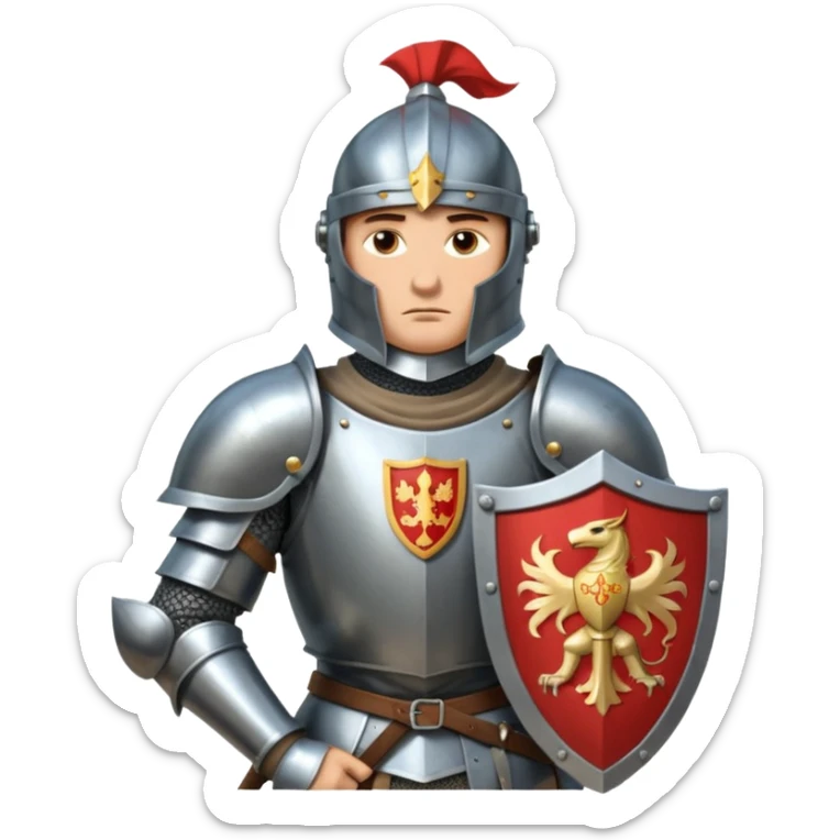 An emoji portrait of a medieval knight. He wears a suit of armor with a stylized helmet. His expression is serious and determined, and he holds a shield with a family crest. sticker