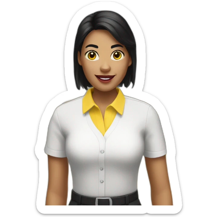 Ikea manager woman with yellow ikea shirt, black hair and white gloves and yellow shirt sticker