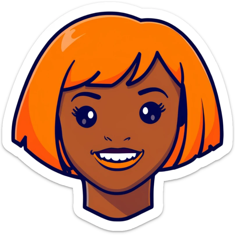 dark skinned Black woman with orange bob wig like Chucky's hair, visible plaque on her teeth sticker