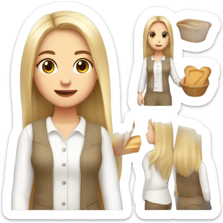 cute white girl, with jumpsuit, white shirt in it, long straight hair, holding a bread basket sticker