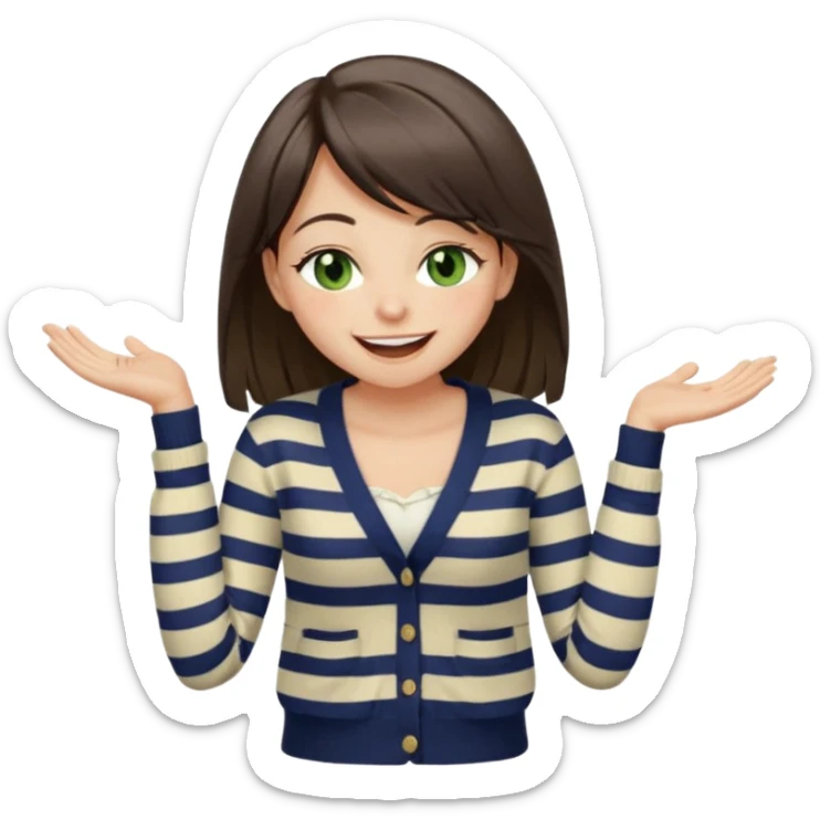 Gorgeous brunette girl green eyes, striped cream and navy blue cardigan and cream shirt, with swoop bangs and long hair having fun, laughing with mouth closed eyes squinted closed, hand on stomach laughing sticker
