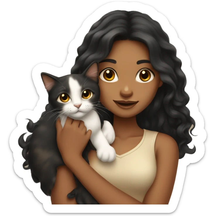 tan girl with long wavy black hair, holding a calico cat sticker