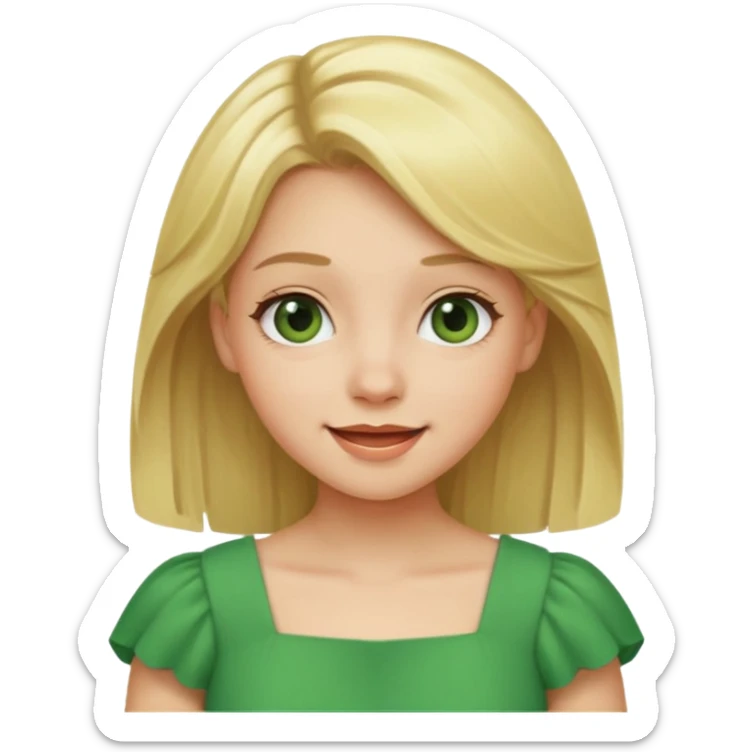 girl with blonde hair wearing a green dress, cheerful expression sticker
