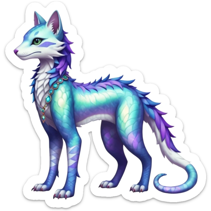 Kawaii iridescent beautiful pretty elegant divine edgy fantasy feline-vernid-sergal-fursona-animal-creature with accessories, full body, with intricate detailed markings sticker