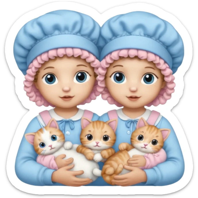 Curly hair baby twins with one wearing a baby pink bonnet and one wearing a baby blue bonnet while holding cat plushies sticker