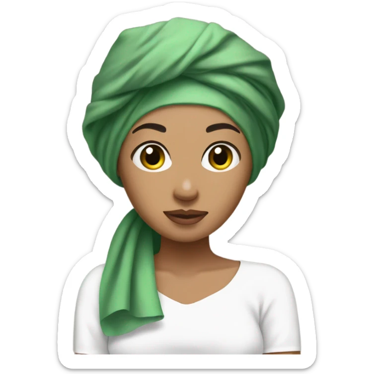 Tan Girl black hair with white towel on her head and green skincare mask on sticker