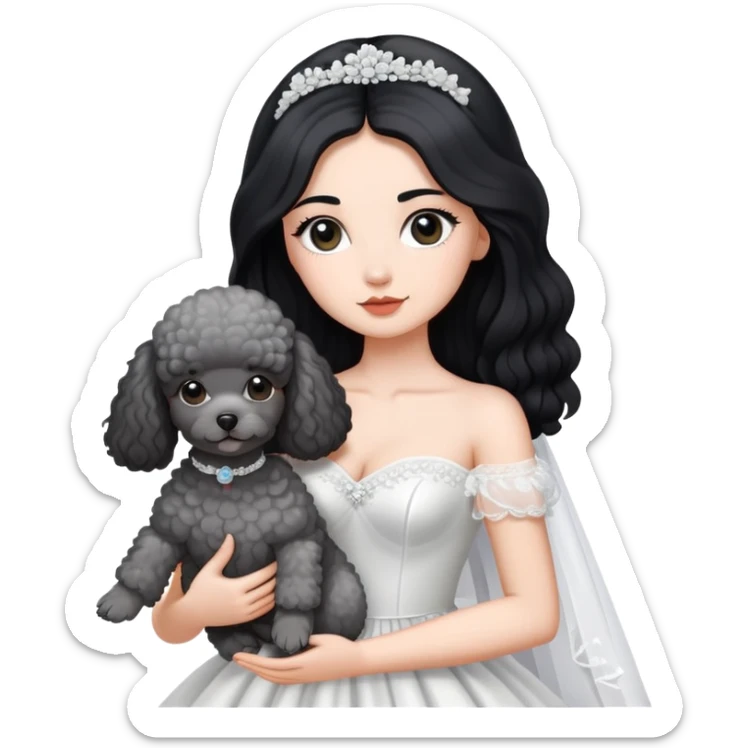 A beautiful girl with long black hair in a wedding dress holds a small gray poodle sticker