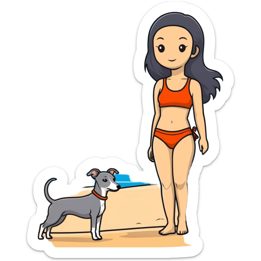 Slim Chinese woman with long black hair in appropriate beach attire at the beach with her completely solid grey Italian greyhound, ocean and sand visible, the dog has absolutely no white markings anywhere sticker