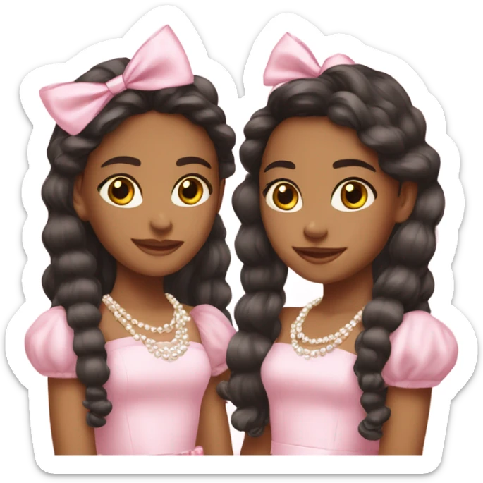two pretty teenage Latina twins. pink. Long hair. Pink bows. Pearls. Light pink. Diamonds dress. sticker
