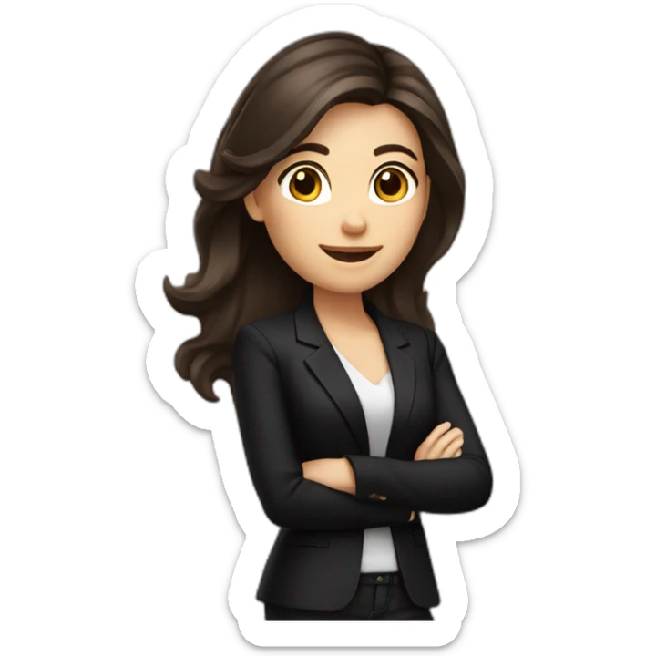 Caucasian Woman with voluminous long dark brown hair, dark brown eyes, pretty smile, dressed with a black blazer. Pointing up sticker