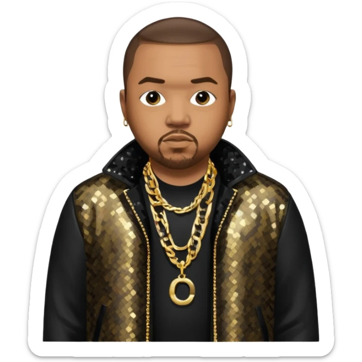Timbaland with dark brown hair, black sequin jacket, black shirt with necklace sticker