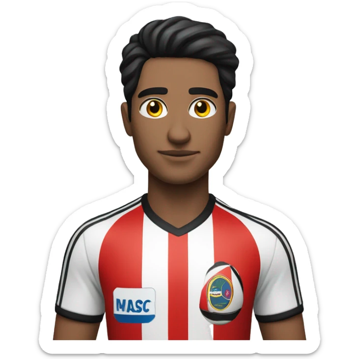 A  man with a shirt with red, black and white stripes (the man has black hair and white skin são Paulo FC of Brazil shirt sticker