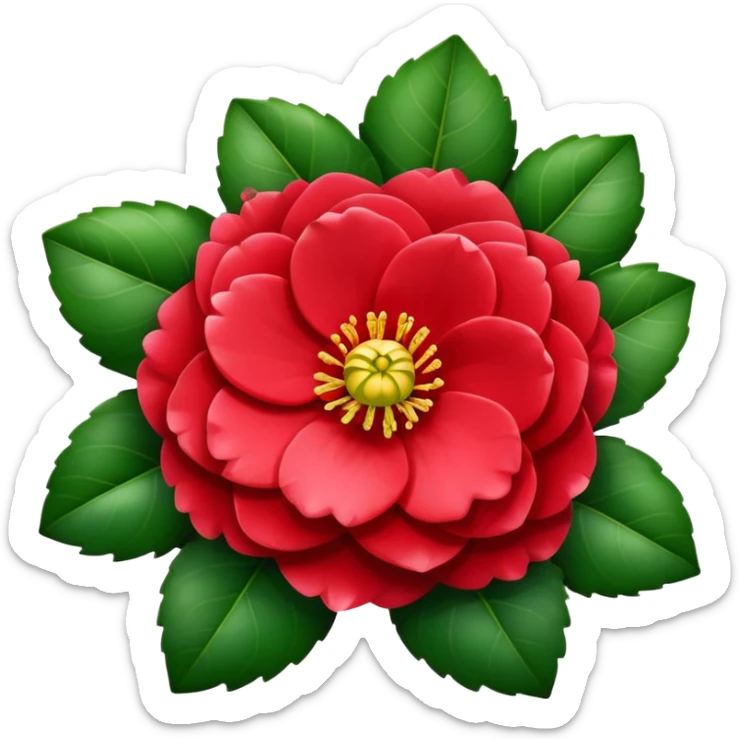 Beautiful red camellia flower with layered petals and glossy green leaves sticker
