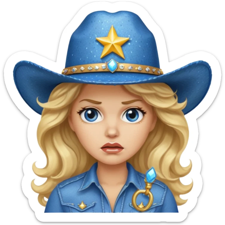 Angry woman with big blonde wavy hair wearing sparkly blue cowboy hat  sticker