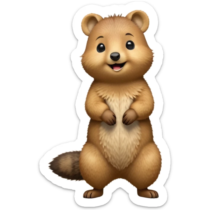 cinematic-quokka-realistic-full-body-standing on its hind legs hunched over-emoji,-small-round-frame-balanced-on-tiny-strong-hind-legs,giant fluffy cheeks large smile-fluffy-brown-fur-radiating-a-warm-softness skinny tail, ,-big-round-eyes-filled-with-joy-and-innocence,-tiny-clawed-paws-held-close-to-chest,-cheerful-smile-exuding-endearing-happiness,-simplified-yet-realistic-focused-features,-highly-detailed,-glowing-with-a-sunny-warmth, expressive eyes  sticker