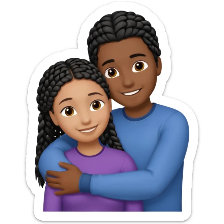Dark black girl with black braids and dark tan white boy with curvy straight brown hair, they are hugging and smiling, and touching each other with their hands sticker