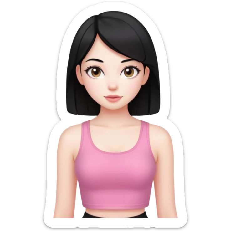 Cute girl with black hair straight with pale skin and with pink crop top coquette sticker