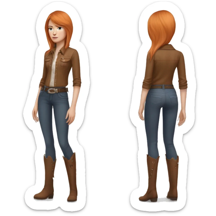 White skin, woman, feminine, straight hair in a wolf haircut, ginger coloured hair, beautiful, British, stylist, aesthetic, side and bangs, sensual looking, full body, complete body figure,slim, she’s wearing a cowboy outfit sticker