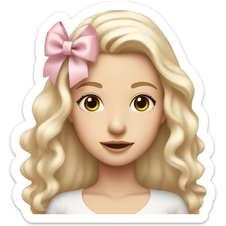 pale blonde girl with long platinum white wavy hair with bright brown eyes and wearing a light pink hair bow and  also wearing a hair bow sticker