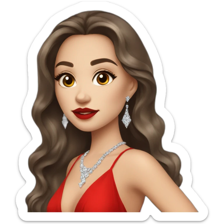 beautiful brunette russian girl with light skin long hair red lipstick wearing red low neck dress with a diamond necklace sticker