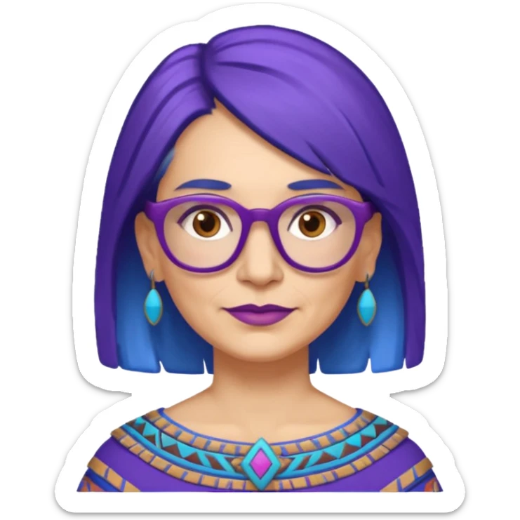 50-year-old woman with purple glasses, brown eyes, and Aztec blue shoulder-length hair sticker
