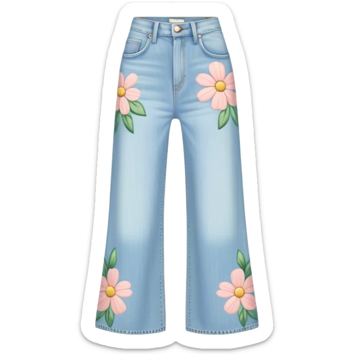 light wash denim wide leg jeans with pastel flowers painted on them on hanger sticker