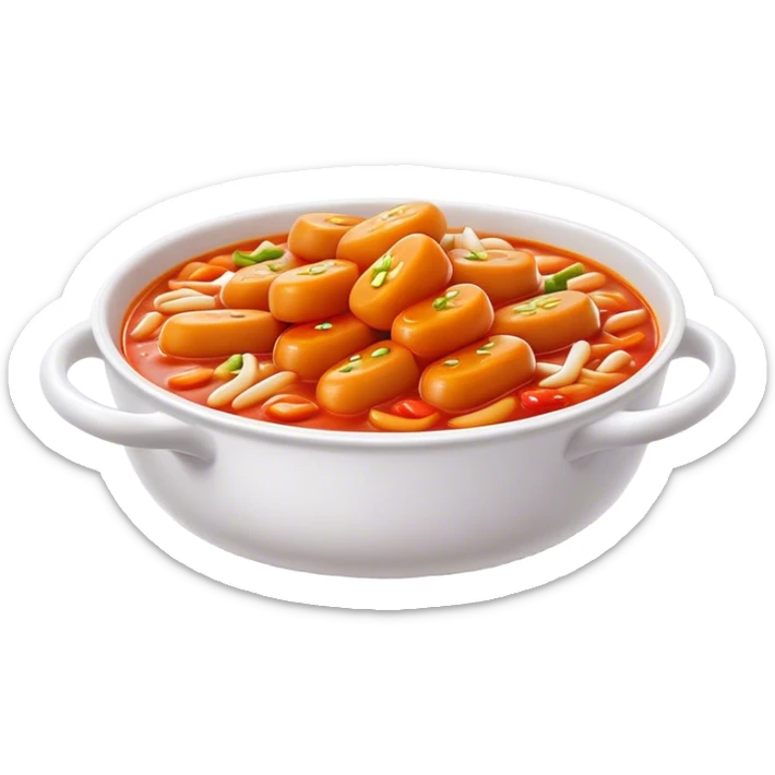 Cinematic Realistic Tteokbokki Dish Emoji, showcasing spicy, chewy rice cakes in a fiery sauce rendered with lifelike detail and bold, dynamic lighting. sticker
