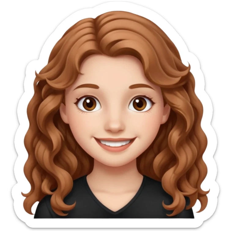 teenage girl with wavy long hazelnut hair, wearing blush and mascara, smiling sticker