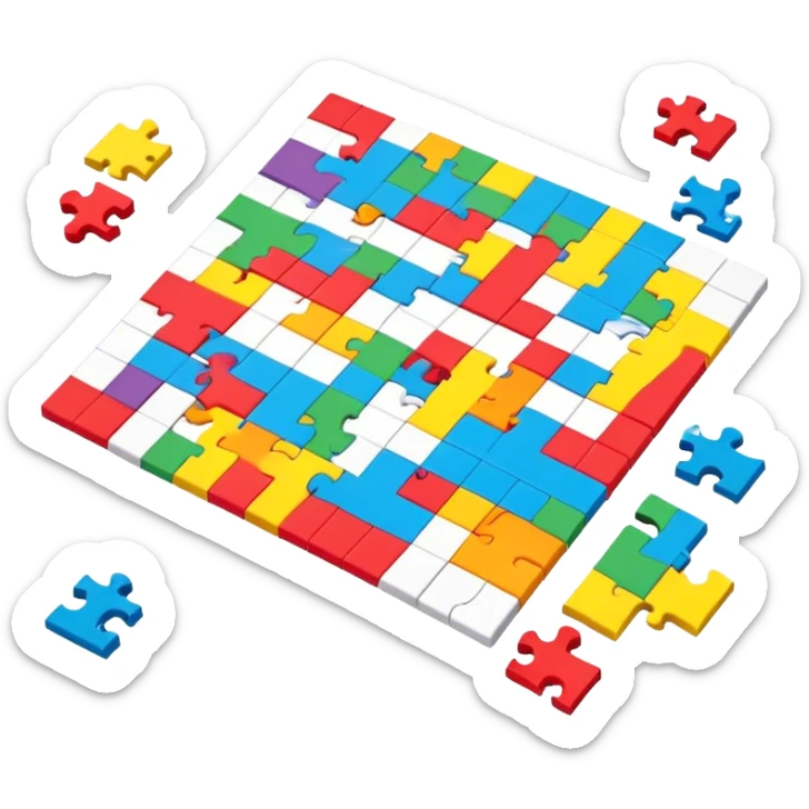 A photorealistic icon with a colorful, fragmented puzzle piece, a crossword magazine, a 3D puzzle, and a partially completed puzzle on a table. Bright, detailed design with realistic lighting. Transparent background, clearly symbolizing puzzles and brain games. sticker