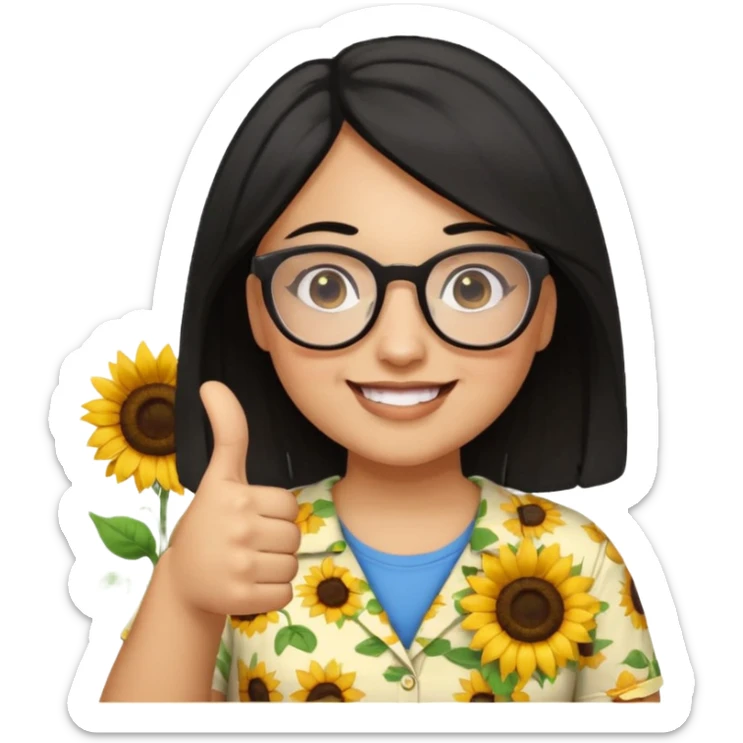 Make my biology teacher shes light brown, wears glasses, female, fat, sunflower shirt under and make her give 1 thumbs up and she has black hair and chubby sticker