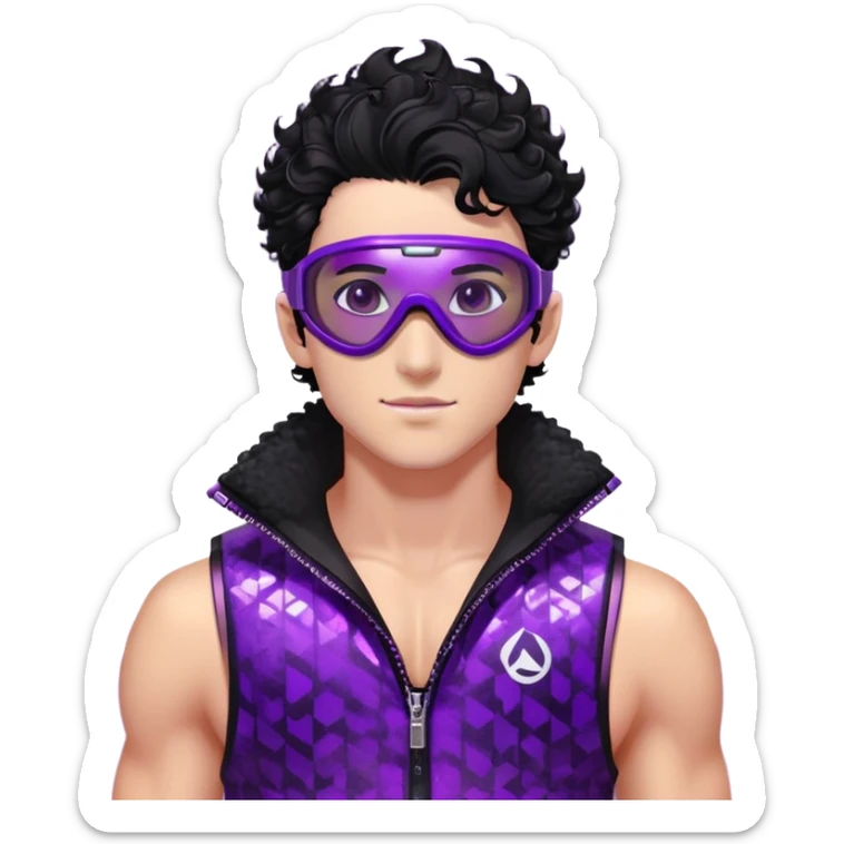 male athlete with white skin and moderately curly black hair on top with shaved sides, wearing ski goggles with purple frames and very dark black lenses, a simple plain black chain necklace, and a completely unzipped shiny vest with purple and black sequin fire pattern design, fully revealing his chest and abs, no earrings sticker