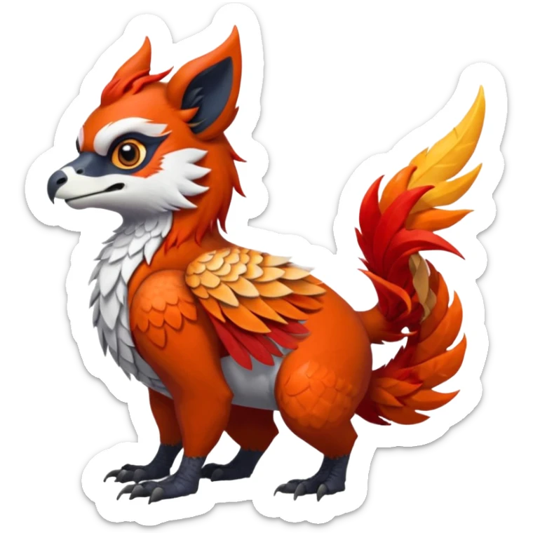 4-legged scaly long-big-beaked Gryphon-Talonflame-Red-Panda-Silvally-fusion-hybrid-animal-Fakémon-creature, full body, with a tufted tail sticker
