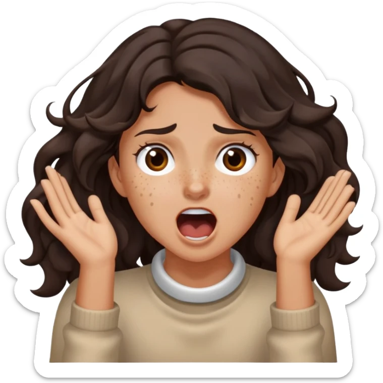girl very dark brown wavy hair freckles tan skin color brown eyes hands choking neck screaming sticker