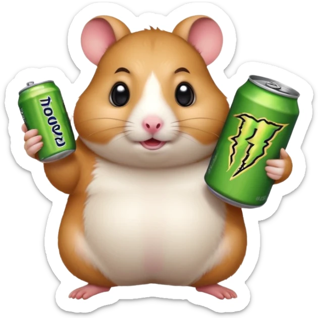 Funny cartoon-style fat hamster wide eyed holding a can of monster energy in one hand and redbull in the other hand sticker