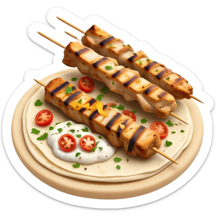 cinematic-realistic-souvlaki-dish-emoji,-showcasing-skewered,-grilled-chicken-with-mediterranean-spices-rendered-with-dynamic-textures-and-warm,-appetizing-lighting on pita bread sticker