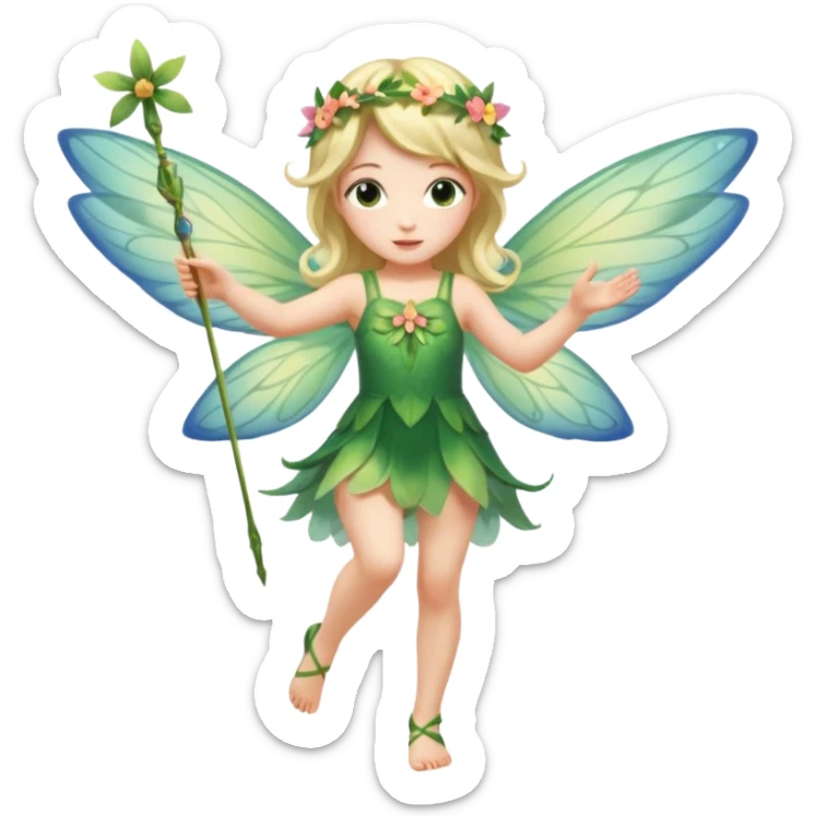 A flower fairy girl, with wings all over her body, one leg straight and the other bent, one hand raised holding a small magic wand, the other hand lowered. sticker