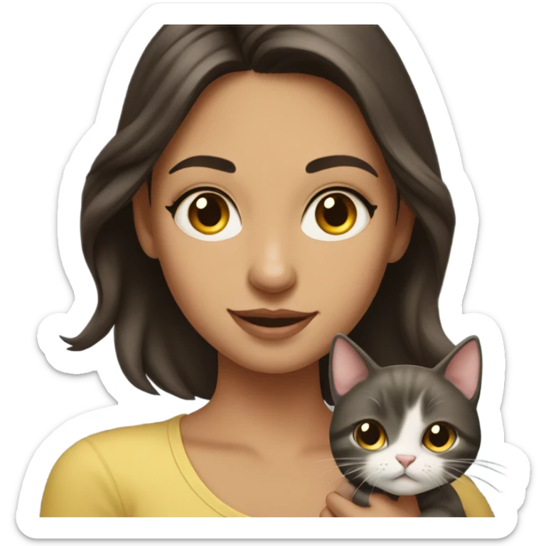 portrait of a beautiful brunette girl holding a cat sticker