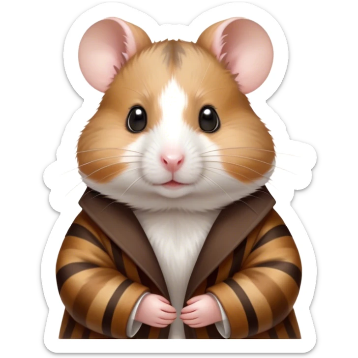 Cinematic Noble Brown and White Banded Hamster Portrait Emoji, Poised and regal, with a tiny, compact build and a uniquely patterned coat of warm brown and crisp white bands, deep-set soulful dark eyes, Simplified yet sharp and sophisticated features, highly detailed, glowing with a soft, dignified glow, high shine, intelligent and charming, stylized with an air of distinctive elegance, focused and attentive, soft glowing outline, capturing the essence of a watchful and confident rodent, so majestic it feels as though it could scurry out of the screen with effortless authority! sticker
