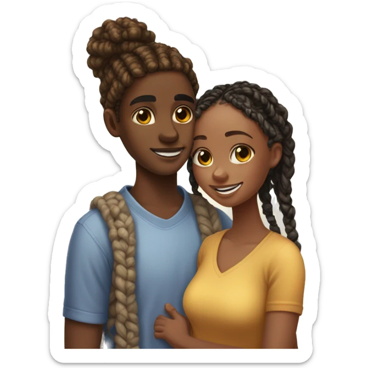 Realistic black girl with box braids and light skin boy with short curly hair and a short beard hugging sticker