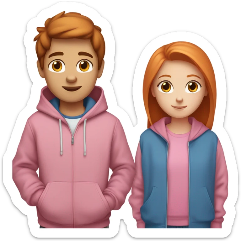 Boy with straight brown hair and brown eyes in a hoodie and girl with ginger hair blue eyes freckles and a pink hoodi sticker
