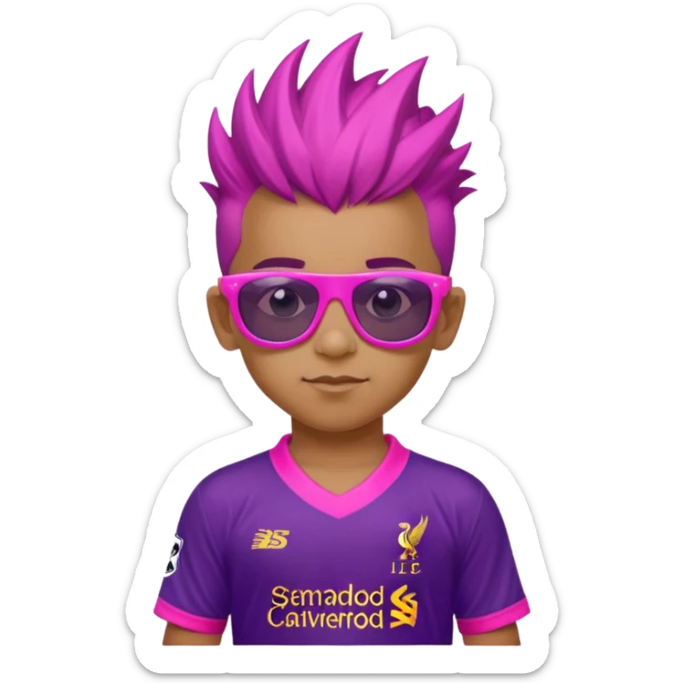 A 6 year old Pakistani boy wearing pink sunglasses with a purple Mohawk and a Liverpool kit on his torso. sticker