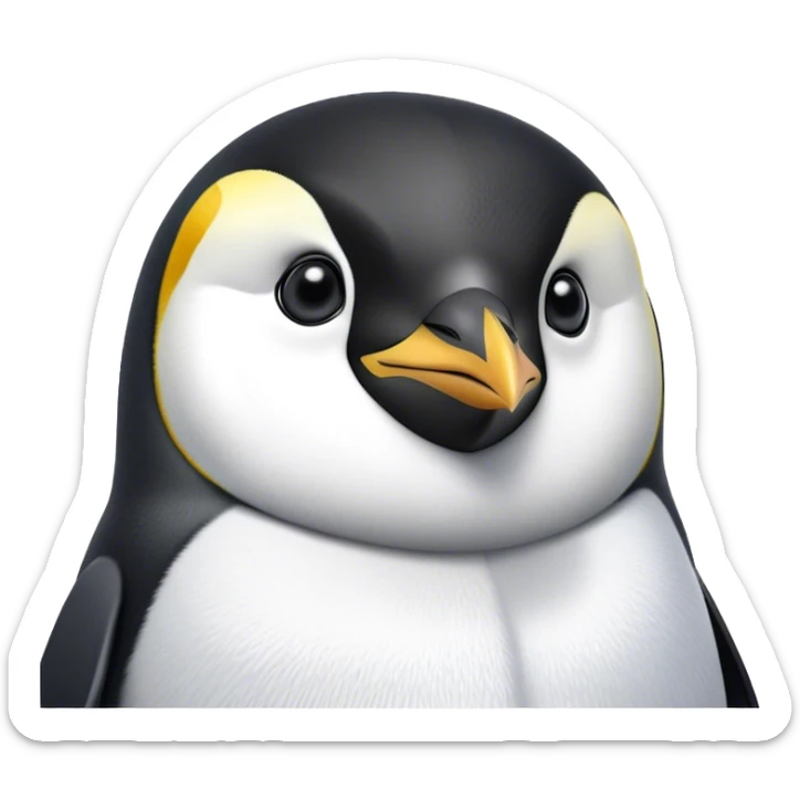 Cinematic Noble Emperor Penguin Portrait Emoji, Poised and regal, standing proudly on icy terrain with crisp black and white plumage and determined, deep-set eyes, Simplified yet sharp and sophisticated features, highly detailed, glowing with a soft, dignified polar glow, high shine, intelligent and stalwart, stylized with an air of imperial command, focused and resolute, soft glowing outline, capturing the essence of a watchful and confident arctic guardian that feels as though it could waddle out of the screen with effortless authority! sticker