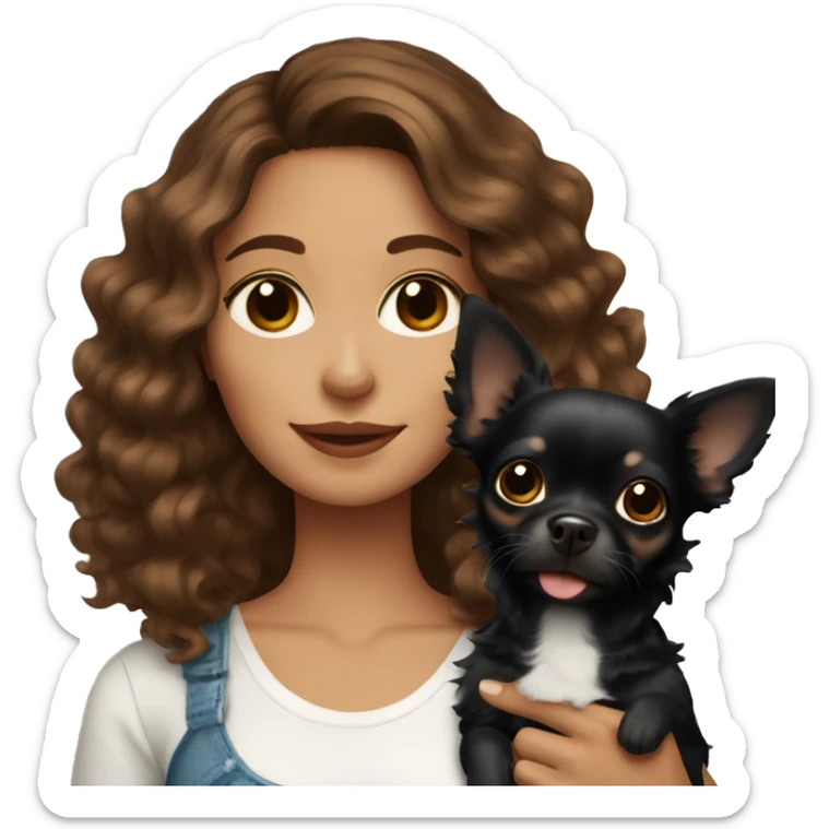 Pretty woman with brown wavy hair holding a black chihuahua  sticker