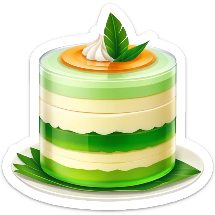 Coconut Pandan Jelly Cinematic Realistic Coconut Pandan Jelly Dessert Emoji, depicted as a layered jelly with distinct strata of coconut and pandan flavors, rendered with delicate textures and vibrant, tropical lighting. sticker