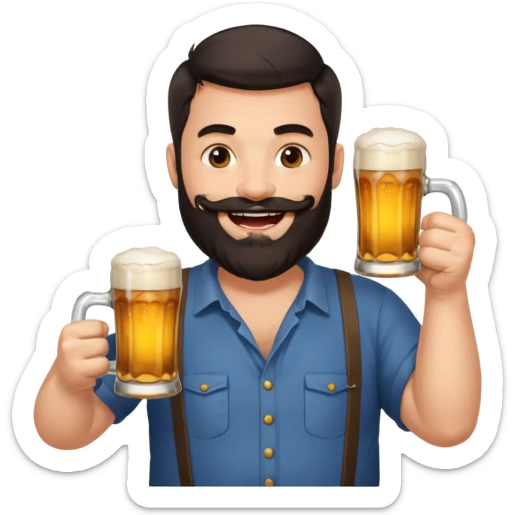 big man in lotus pose, bright skin, dark beard and dark short hair, holding beer mugs sticker