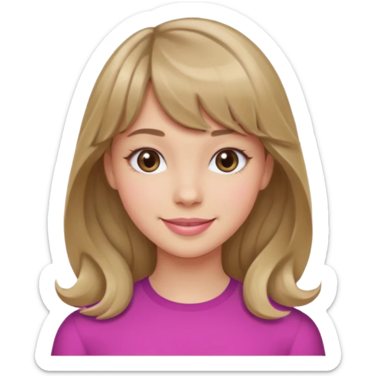 A girl with wavy, dark blonde hair, straight bangs, and straight eyes. She is smiling. sticker