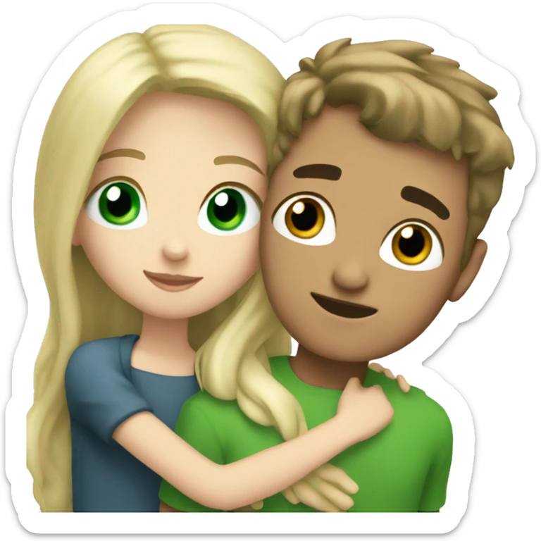 brunette girl and green eyes with blonde boy and blue eyes hugging sticker