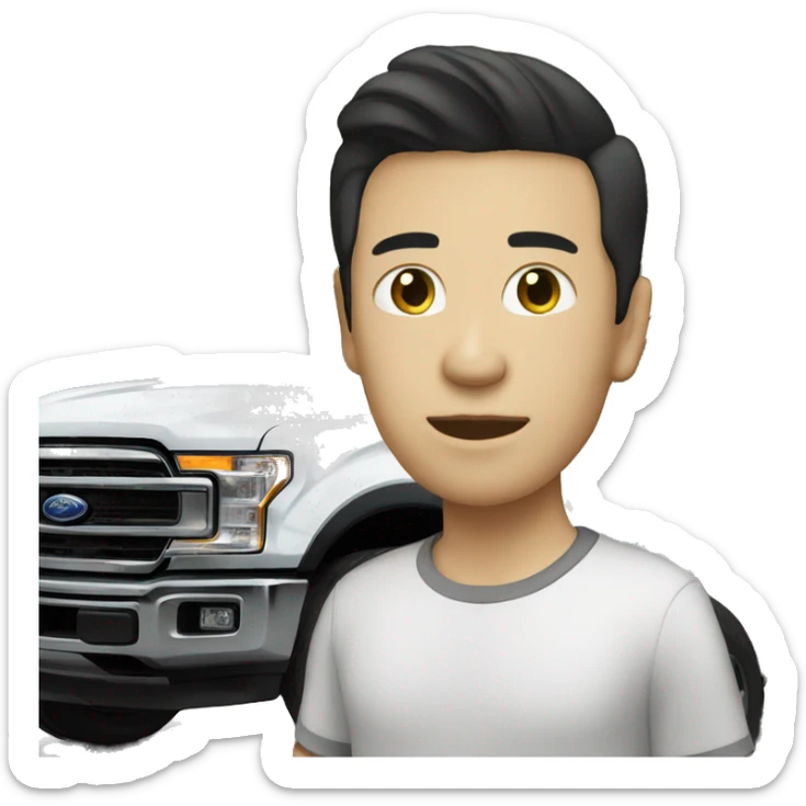 An Asian man with pale skin sitting on top of a black Ford car sticker